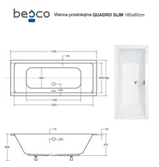 Vonia Besco Quadro Slim, 180 x 80 cm цена и информация | Ванны | hansapost.ee