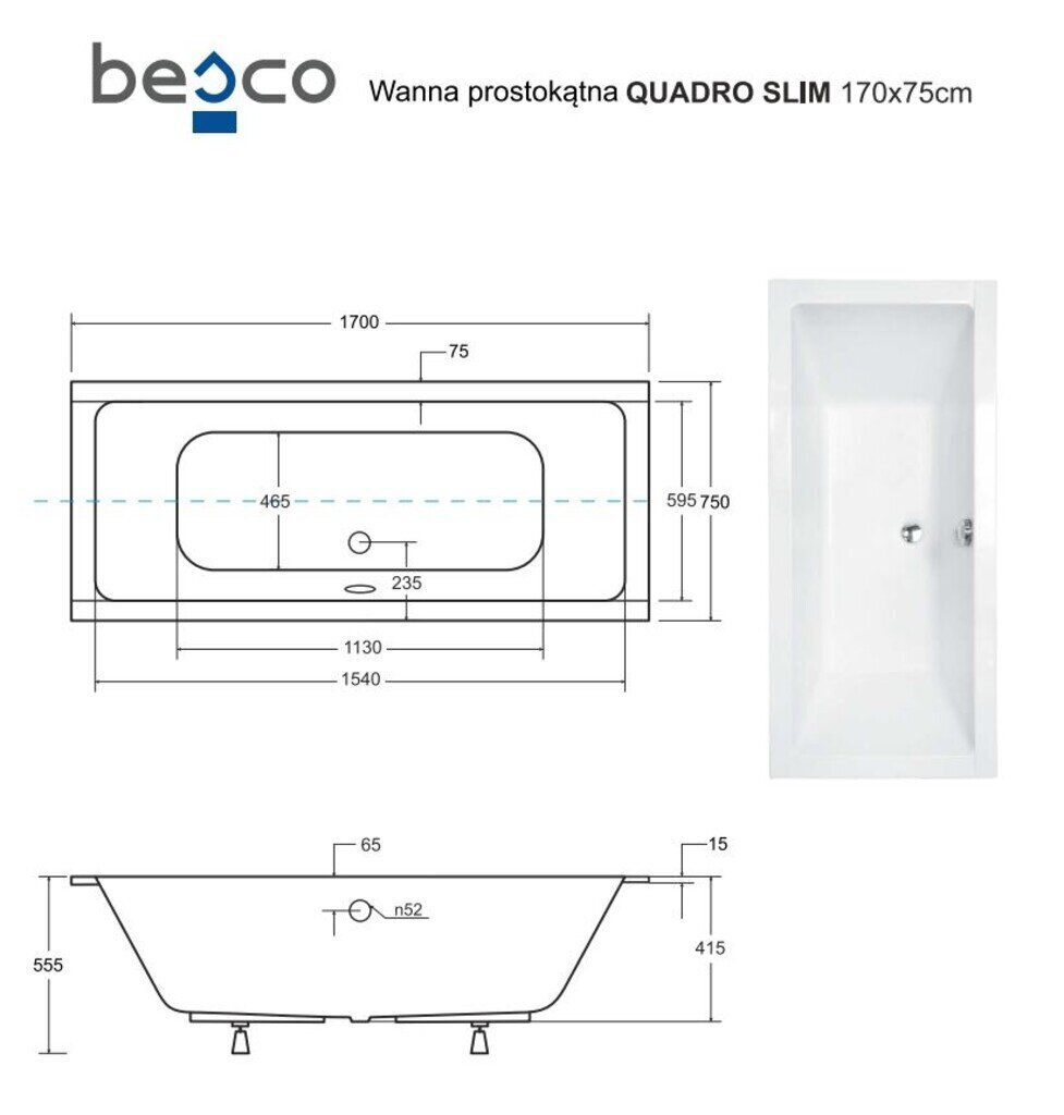 Vann Besco Quadro Slim, 170x75 cm цена и информация | Vannid | hansapost.ee