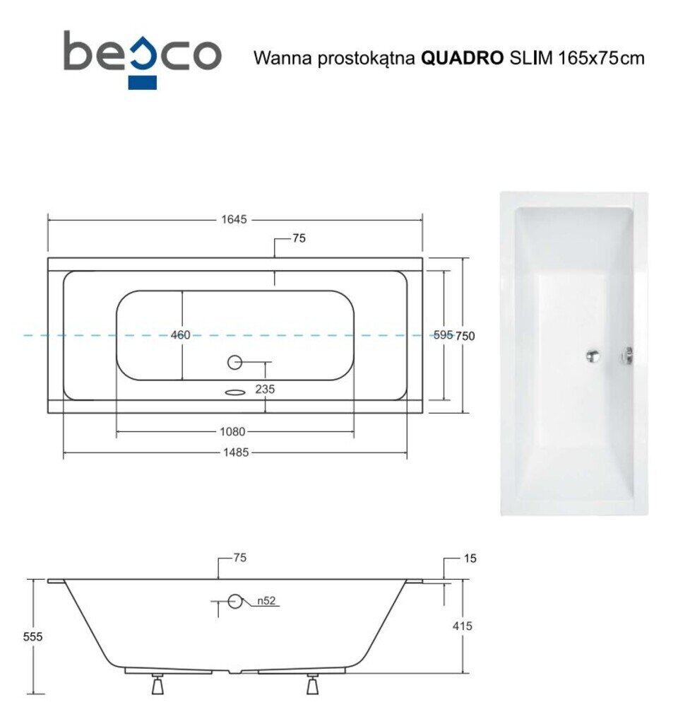 Vann Besco Quadro Slim, 165x75 cm hind ja info | Vannid | hansapost.ee