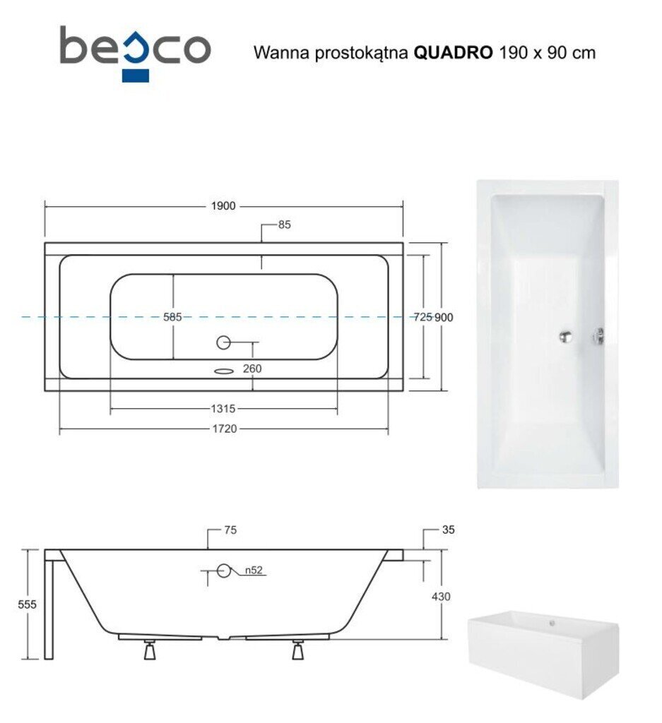 Vann Besco Quadro koos viimistlusega, 190x90 cm hind ja info | Vannid | hansapost.ee