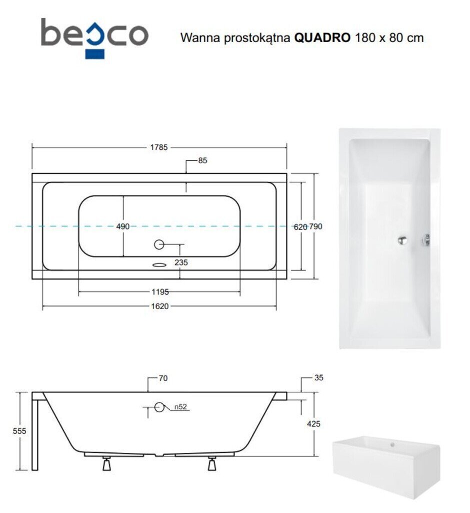 Vann Besco Quadro koos viimistlusega, 180x80 cm цена и информация | Vannid | hansapost.ee