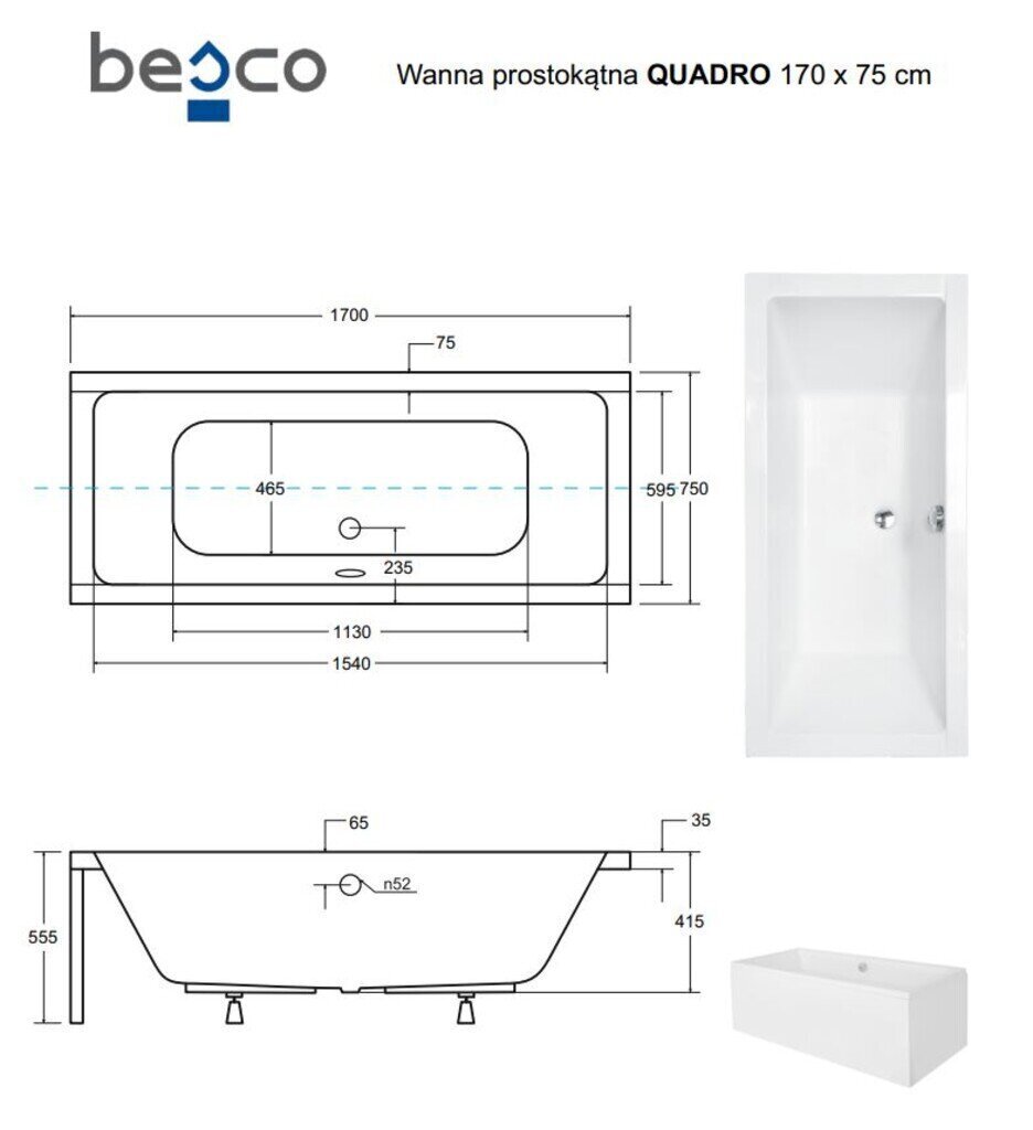 Vann Besco Quadro koos viimistlusega, 170x75 cm hind ja info | Vannid | hansapost.ee