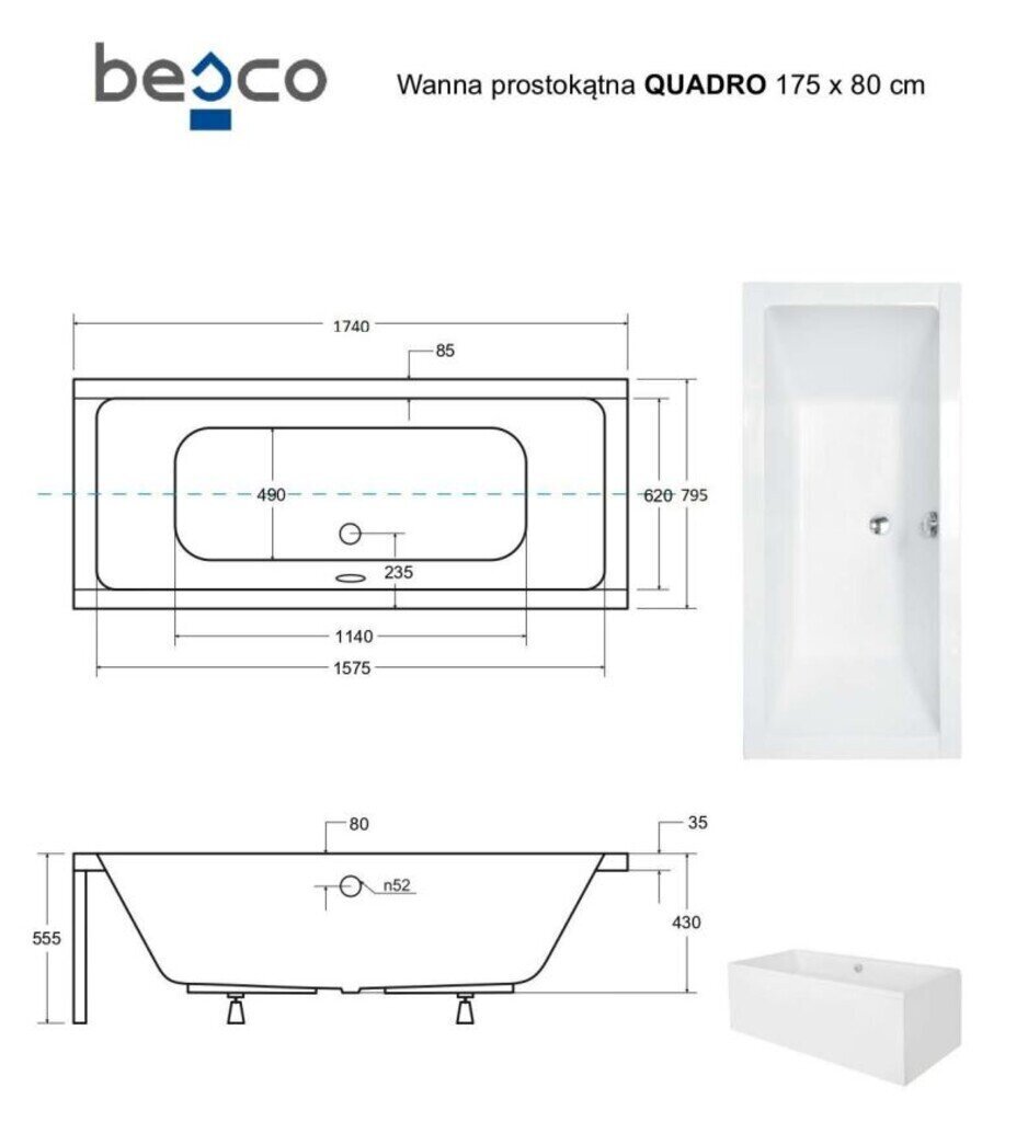 Vann Besco Quadro koos viimistlusega, 175x80 cm цена и информация | Vannid | hansapost.ee