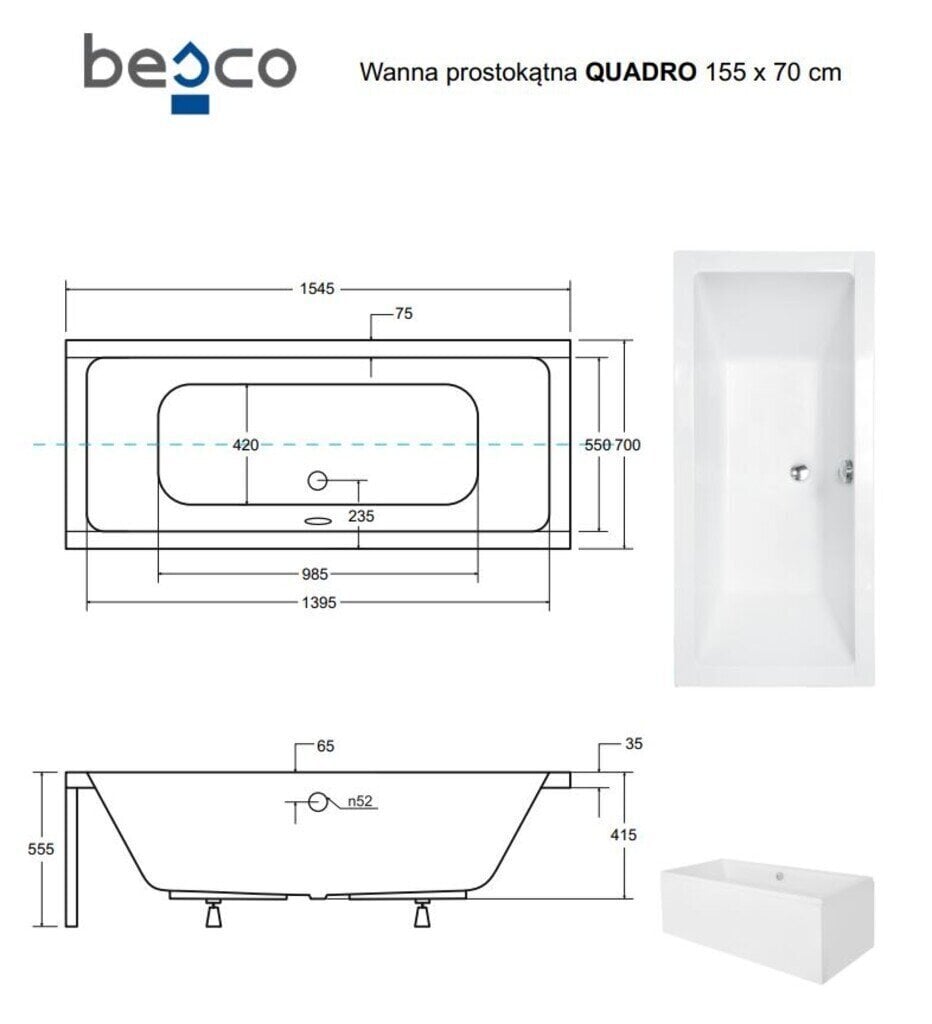 Vann Besco Quadro koos viimistlusega, 155x70 cm hind ja info | Vannid | hansapost.ee