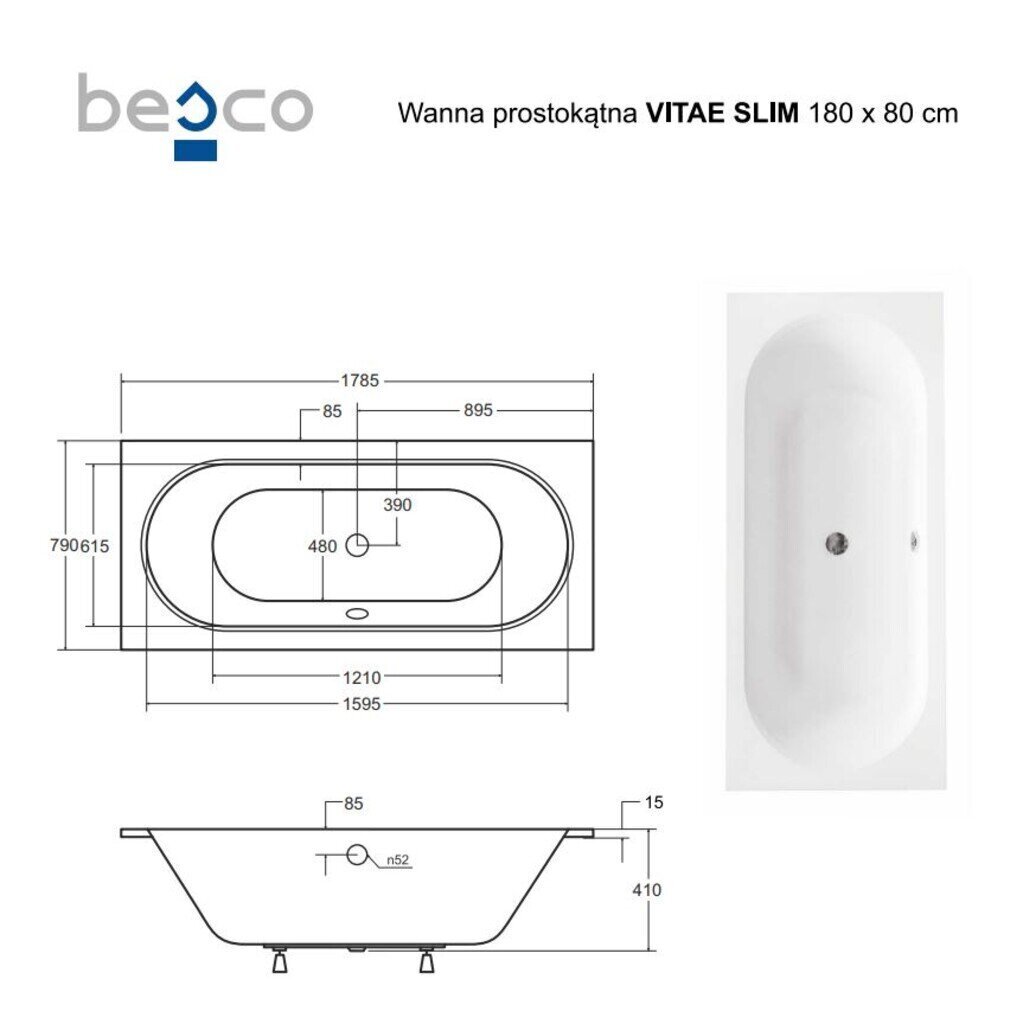 Vann Besco Vitae Slim, 180x80 cm hind ja info | Vannid | hansapost.ee