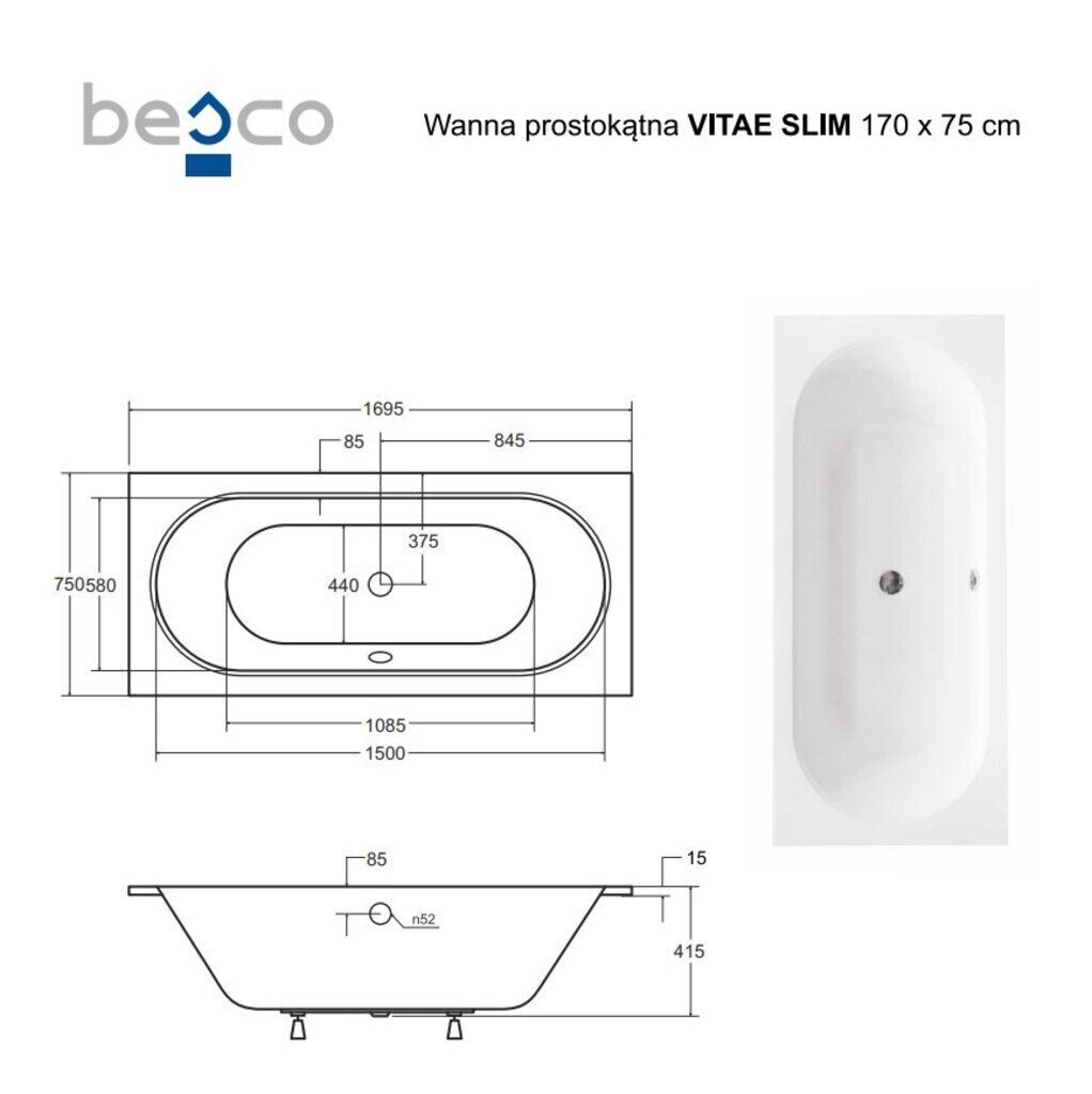 Vann Besco Vitae Slim, 170x75 cm цена и информация | Vannid | hansapost.ee