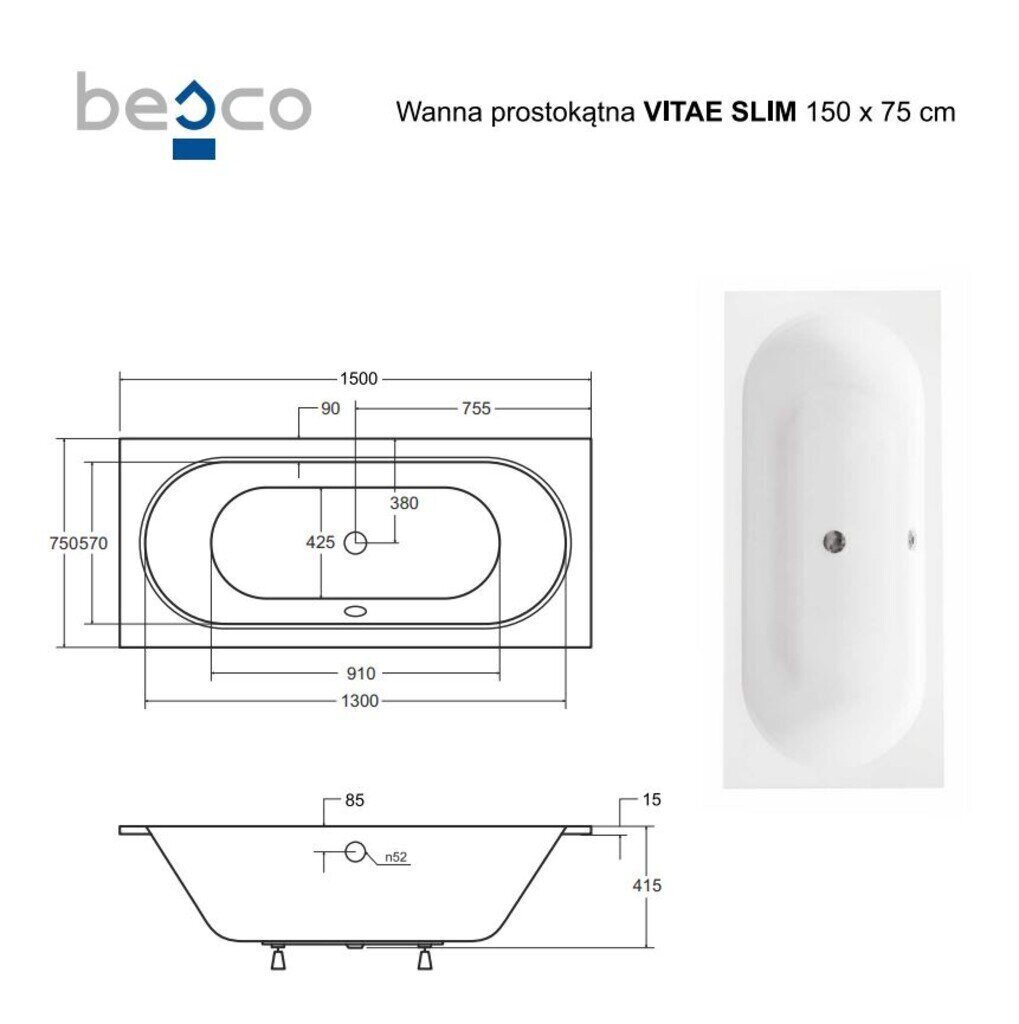 Vann Besco Vitae Slim, 150x75 cm цена и информация | Vannid | hansapost.ee