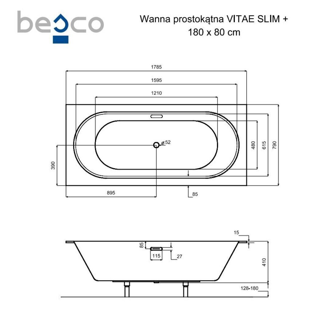 Vann Besco Vitae Slim+, 180x80 cm hind ja info | Vannid | hansapost.ee