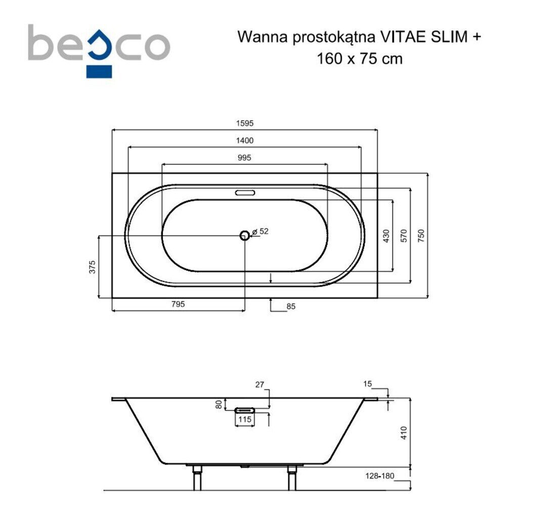 Vann Besco Vitae Slim+, 160x75 cm hind ja info | Vannid | hansapost.ee