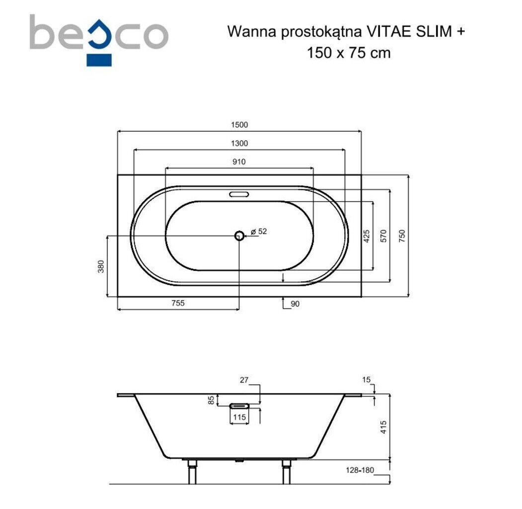 Vann Besco Vitae Slim+, 150x75 cm цена и информация | Vannid | hansapost.ee