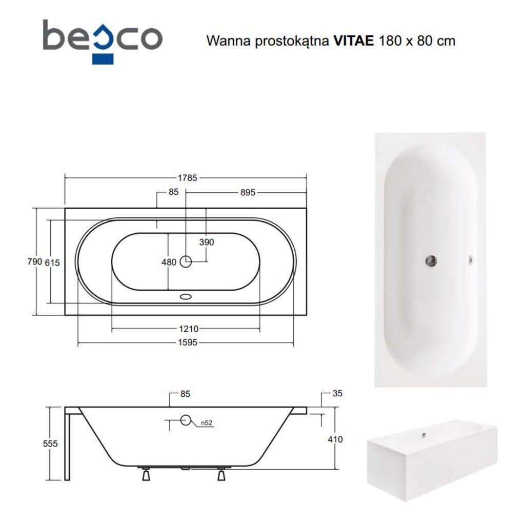 Vann Besco Vitae koos viimistlusega, 180x80 cm цена и информация | Vannid | hansapost.ee