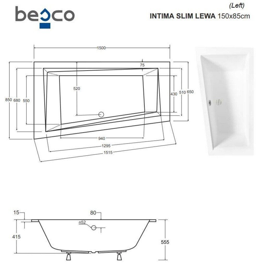 Vann Besco Intima Slim, 150x85 cm, vasakpoolne hind ja info | Vannid | hansapost.ee