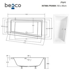 Vonia Besco Intima, 150 x 85 cm, dešininė, su balta apdaila цена и информация | Ванны | hansapost.ee