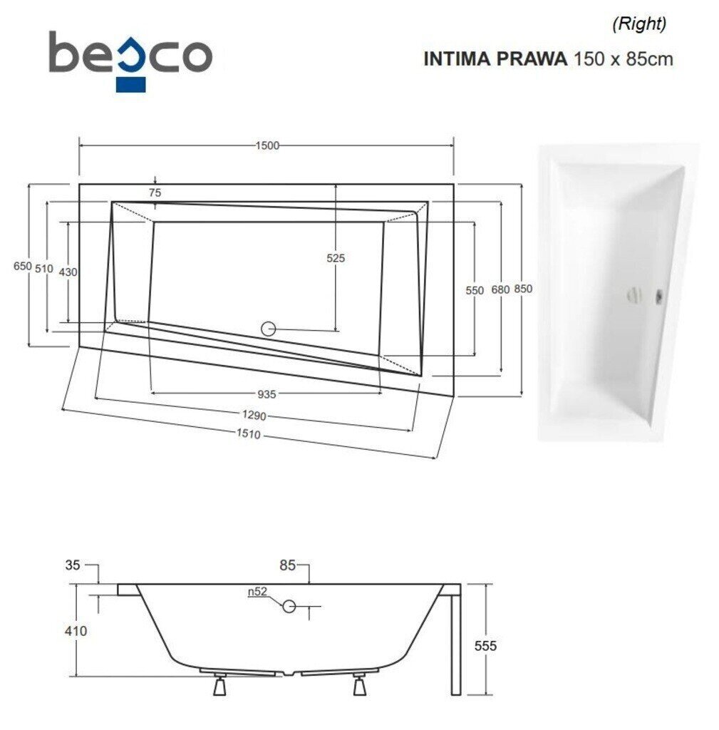 Vann Besco Intima koos viimistlusega, 150x85 cm, parempoolne цена и информация | Vannid | hansapost.ee