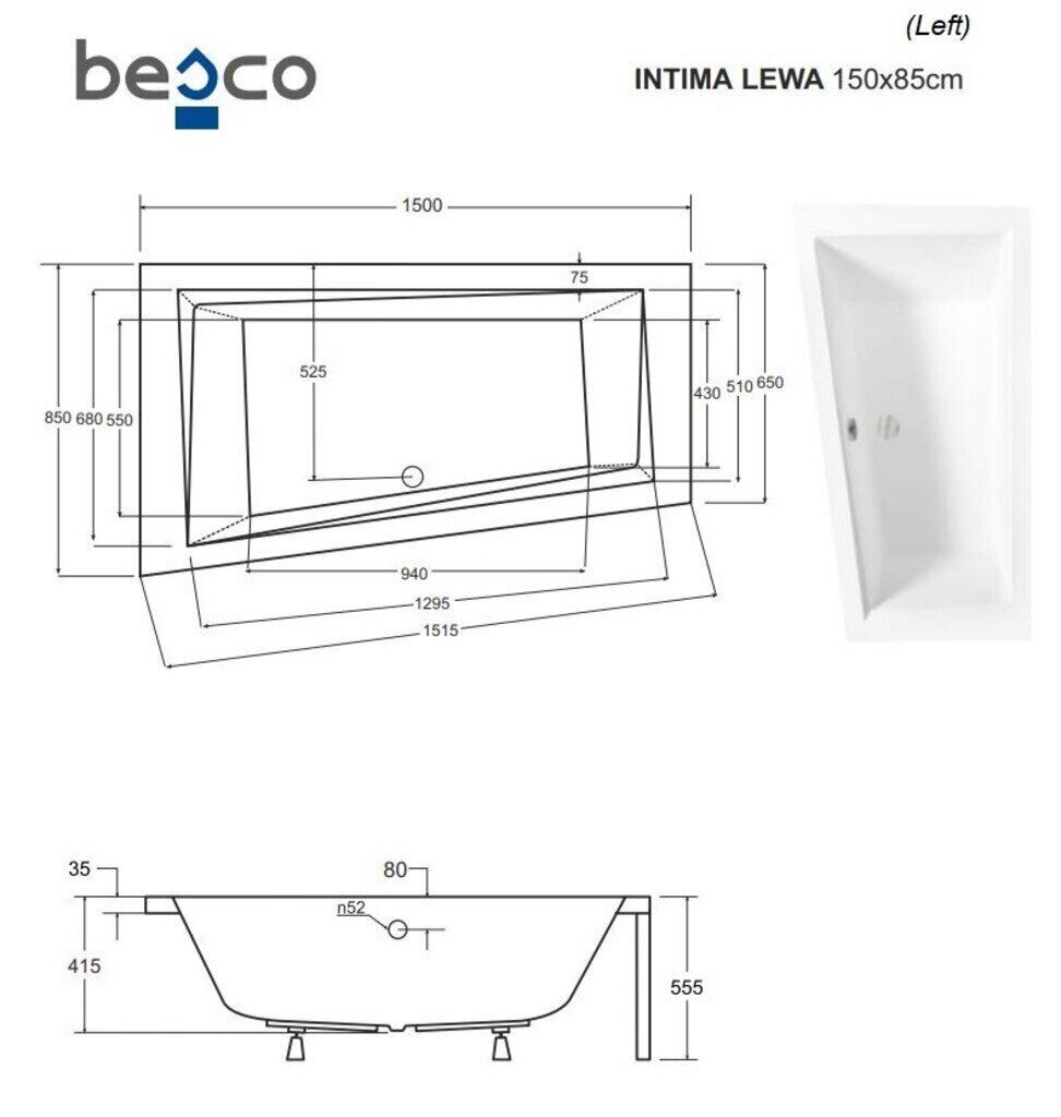 Vann Besco Intima, 150x85 cm, vasakpoolne hind ja info | Vannid | hansapost.ee