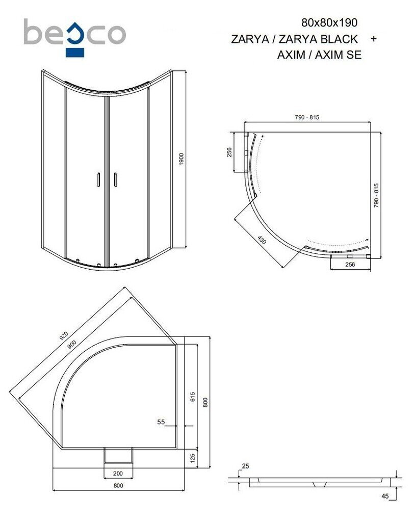 Dušikabiin Besco Zarya koos alusega Axim, 80x80x190 cm hind ja info | Dušikabiinid | hansapost.ee