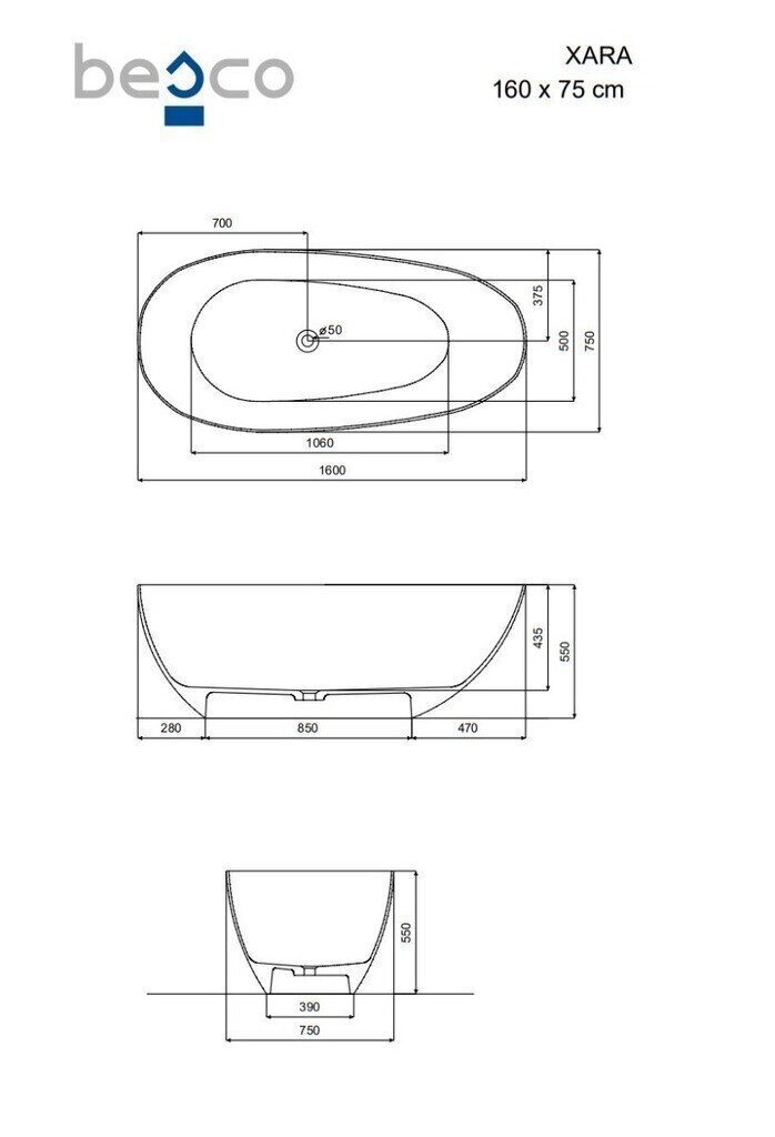 Vann Besco Xara Ocean Breeze, 160x75 cm цена и информация | Vannid | hansapost.ee