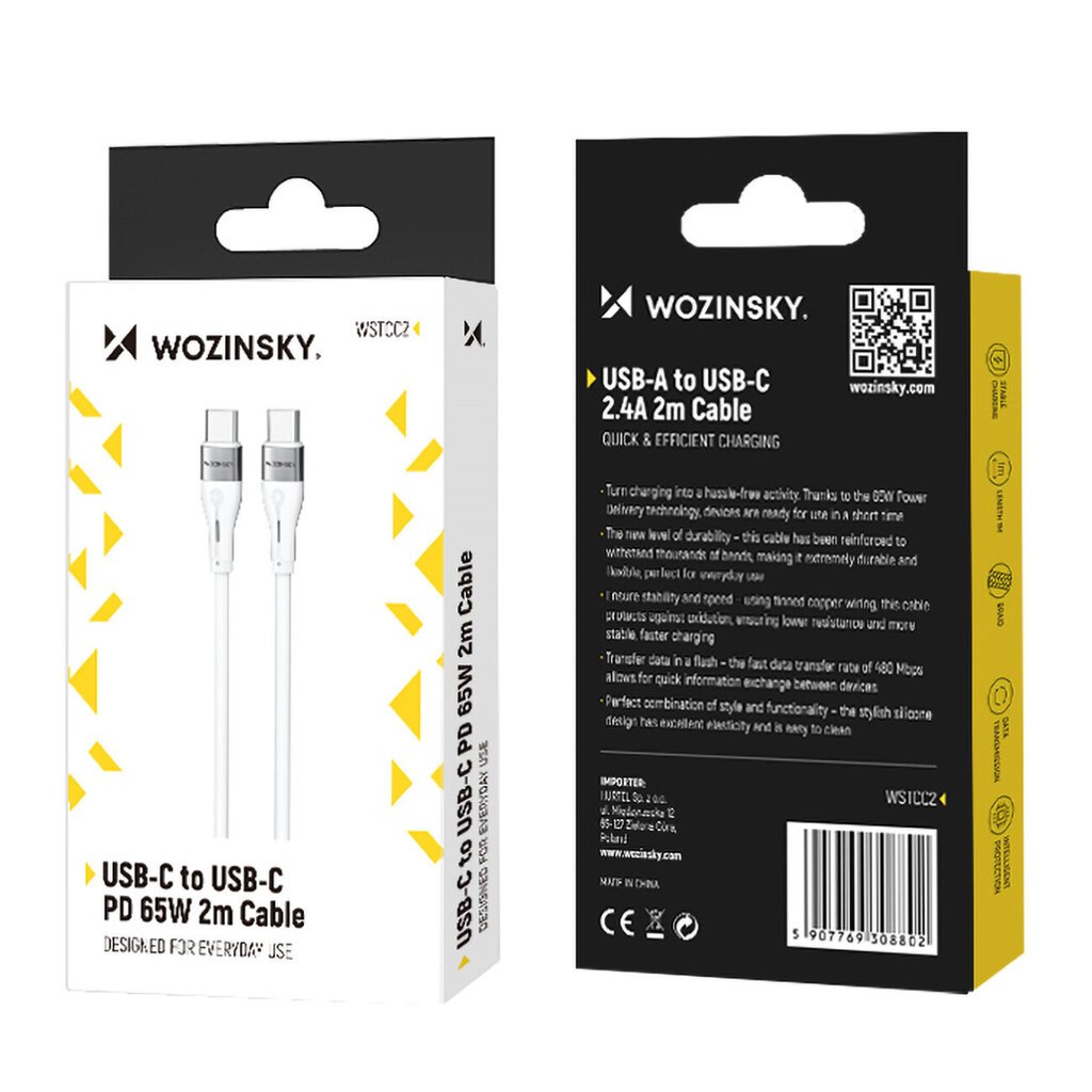 Wozinsky WSTCC2 USB-C / USB-C PD 65W kaabel 2 m - valge hind ja info | Mobiiltelefonide kaablid | hansapost.ee