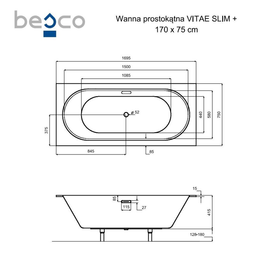 Vann Besco Vitae Slim+, 170x75 cm цена и информация | Vannid | hansapost.ee