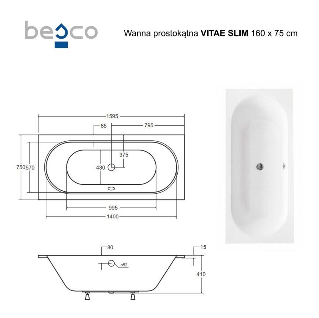 Vann Besco Vitae Slim, 160x75 cm hind ja info | Vannid | hansapost.ee