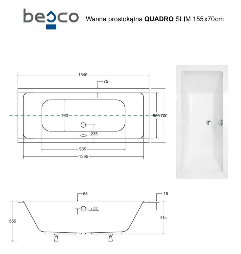 Vann Besco Quadro Slim, 155x70 cm hind ja info | Vannid | hansapost.ee