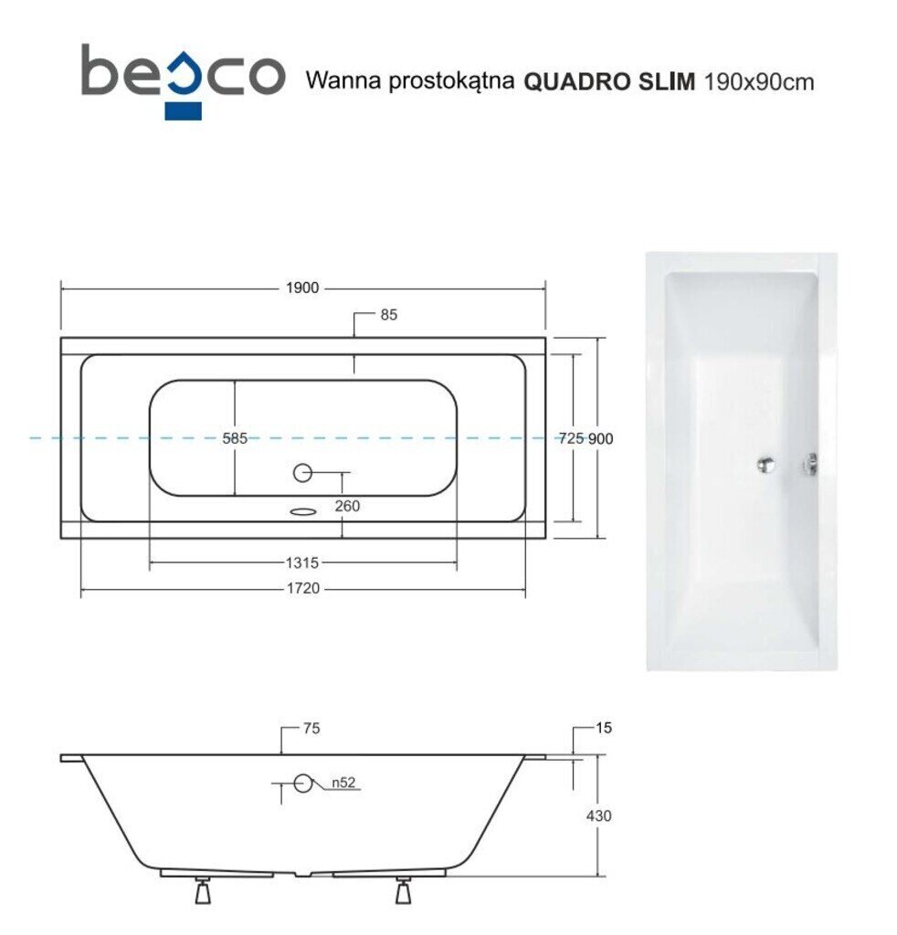 Vann Besco Quadro Slim, 190x90 cm hind ja info | Vannid | hansapost.ee