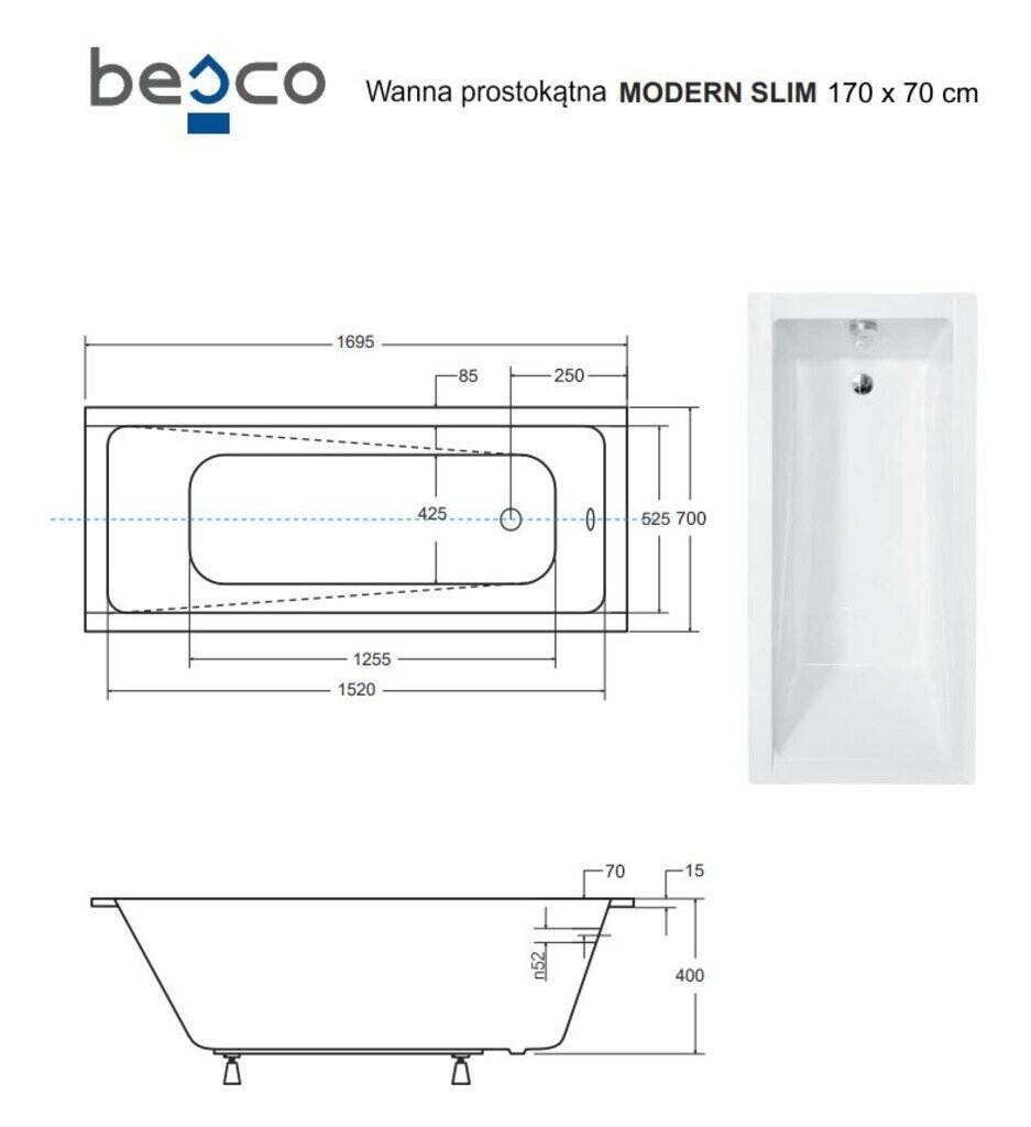 Vann Besco Modern Slim, 170x70 cm hind ja info | Vannid | hansapost.ee