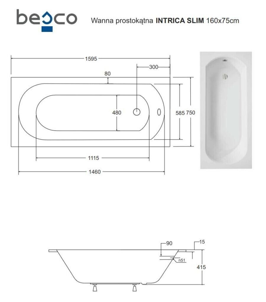 Vann Besco Intrica Slim, 160x75 cm hind ja info | Vannid | hansapost.ee