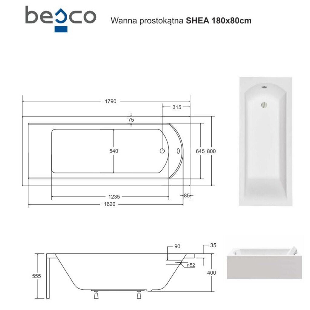 Vann Besco Shea, 180x80 cm цена и информация | Vannid | hansapost.ee