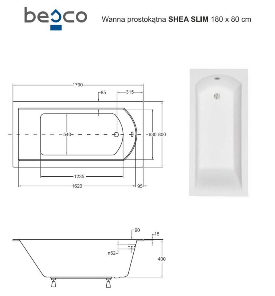 Vann Besco Shea Slim, 180x80 cm цена и информация | Vannid | hansapost.ee