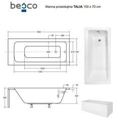 Vonia Besco Talia, 150 x 70 cm, su balta apdaila цена и информация | Ванны | hansapost.ee