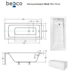 Vann Besco Talia viimistlusega, 140x70 cm hind ja info | Vannid | hansapost.ee