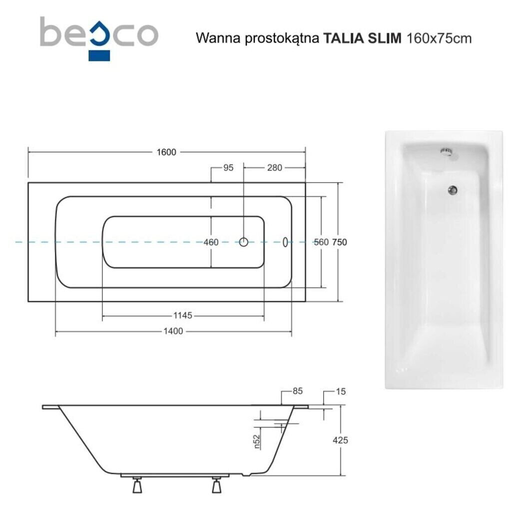 Vann Besco Talia Slim, 160x75 cm hind ja info | Vannid | hansapost.ee