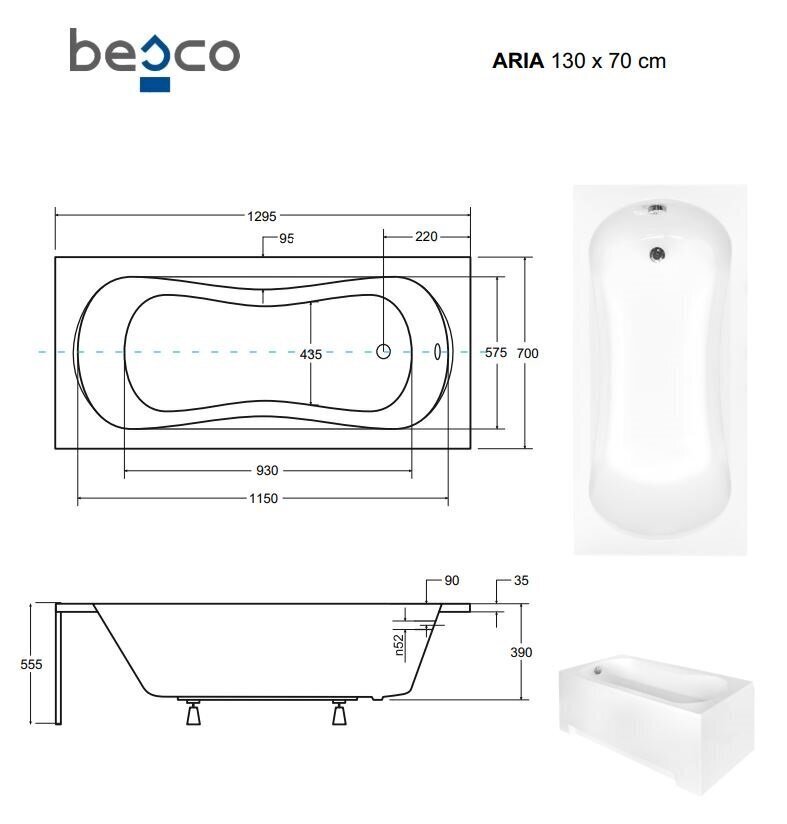 Vann Besco Aria koos viimistlusega, 130x70 cm цена и информация | Vannid | hansapost.ee