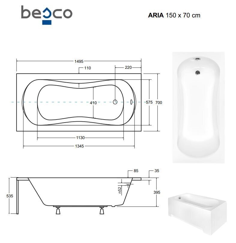 Vann Besco Aria Plus koos käepidemete ja viimistlusega, 150x70 cm цена и информация | Vannid | hansapost.ee