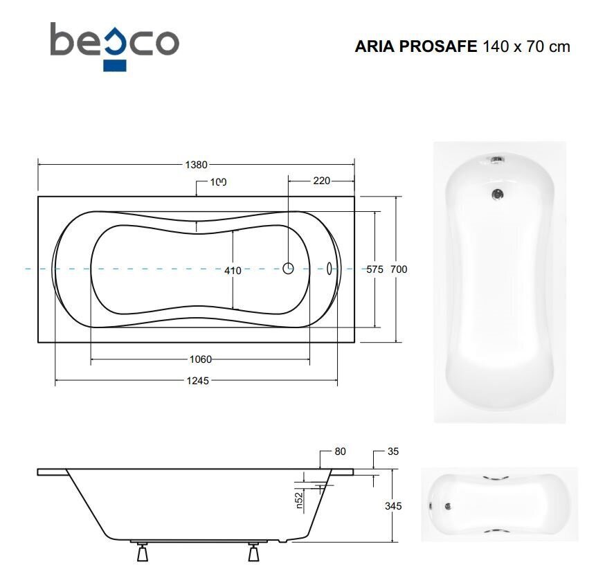 Vann Besco Aria ProSafe, 140x70 cm hind ja info | Vannid | hansapost.ee