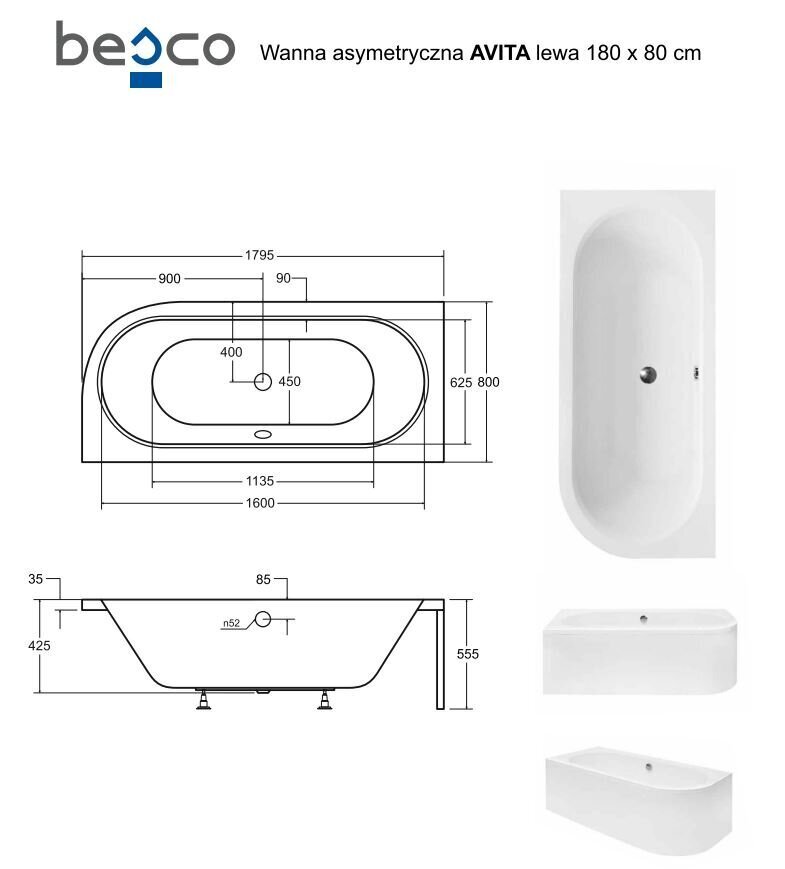 Vann Besco Avita, 180x80 cm, vasakpoolne hind ja info | Vannid | hansapost.ee