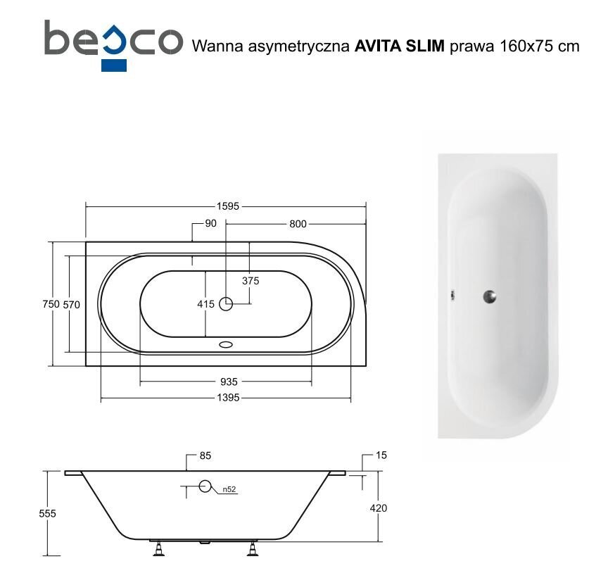 Vann Besco Avita Slim, 160x75 cm, parempoolne цена и информация | Vannid | hansapost.ee