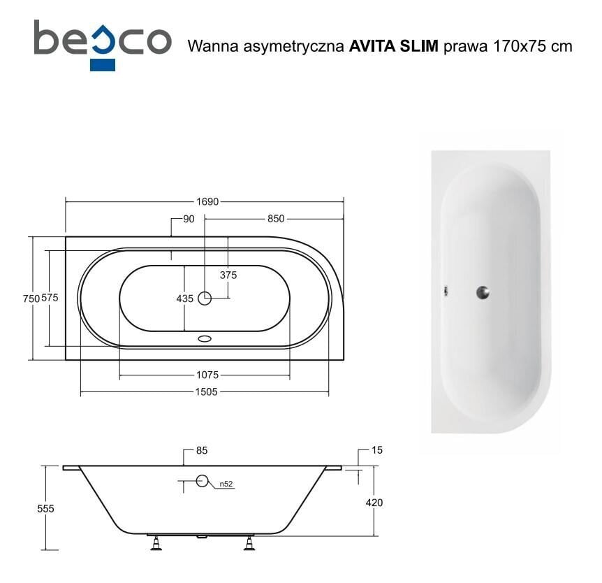 Vann Besco Avita Slim, 170x75 cm, parempoolne цена и информация | Vannid | hansapost.ee