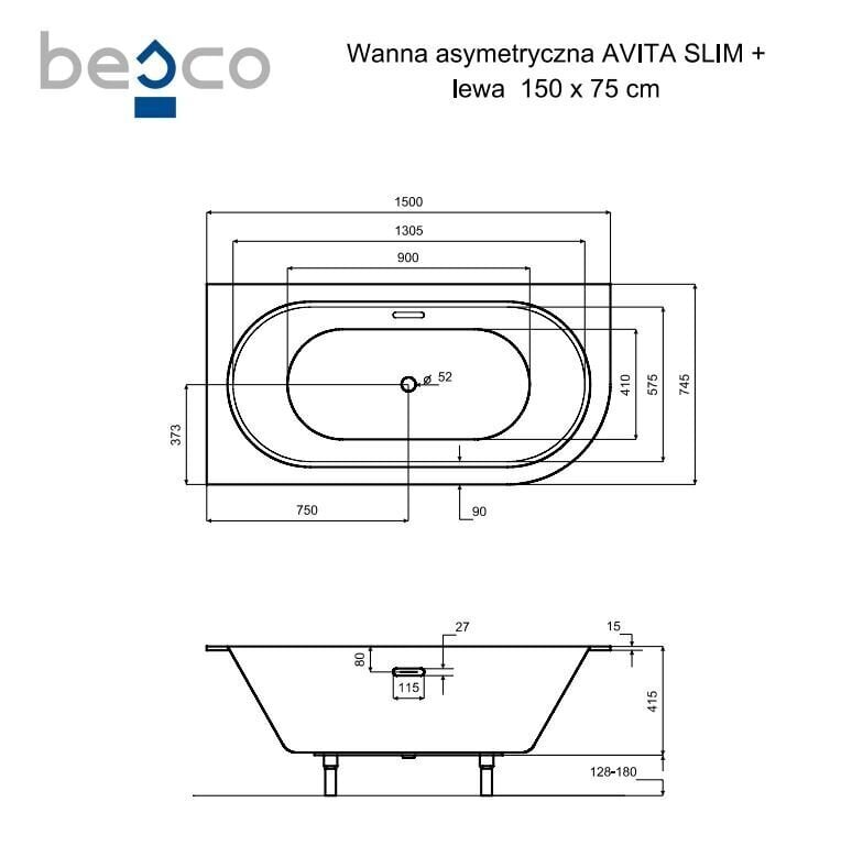 Vann Besco Avita Slim+, 150x75 cm, vasakpoolne цена и информация | Vannid | hansapost.ee