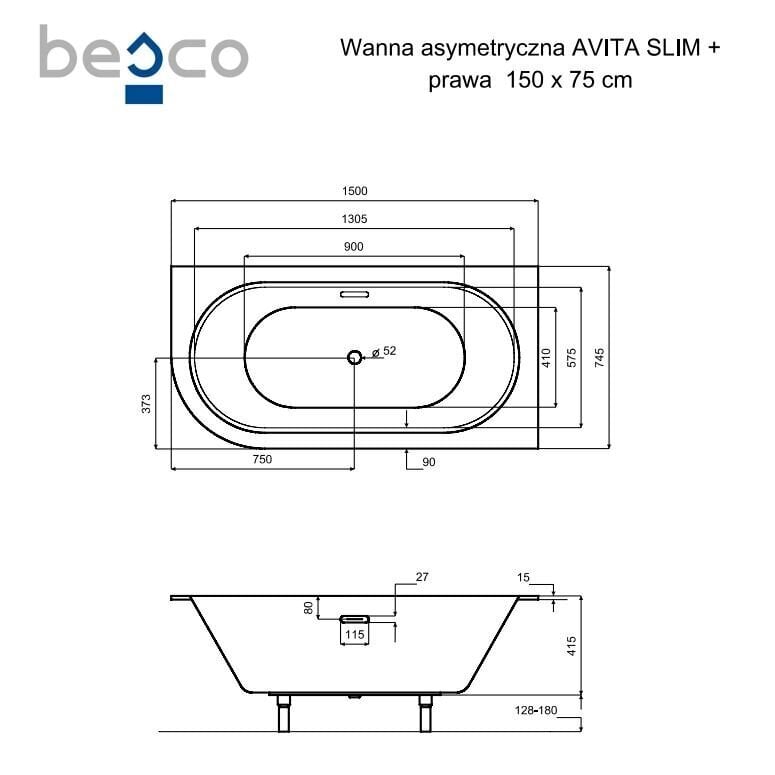 Vann Besco Avita Slim+, 150x75 cm, parempoolne hind ja info | Vannid | hansapost.ee