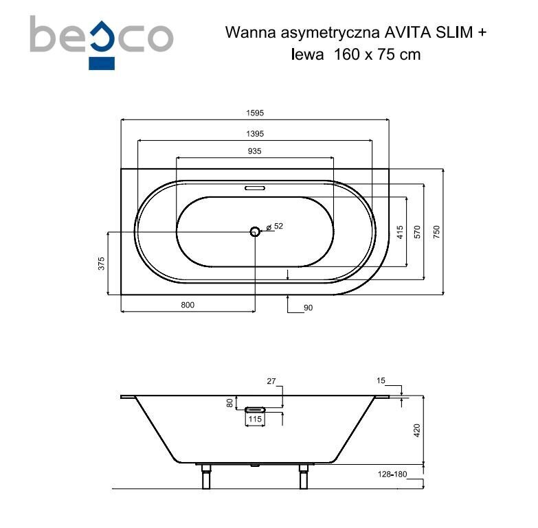 Vann Besco Avita Slim+, 160x75 cm, vasakpoolne hind ja info | Vannid | hansapost.ee