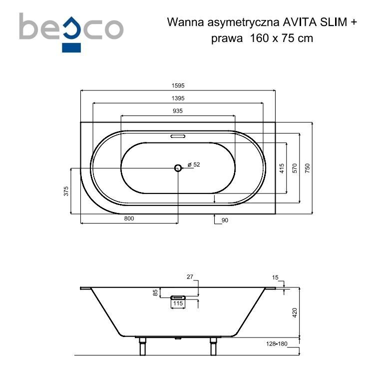 Vann Besco Avita Slim+, 160x75 cm, parempoolne цена и информация | Vannid | hansapost.ee