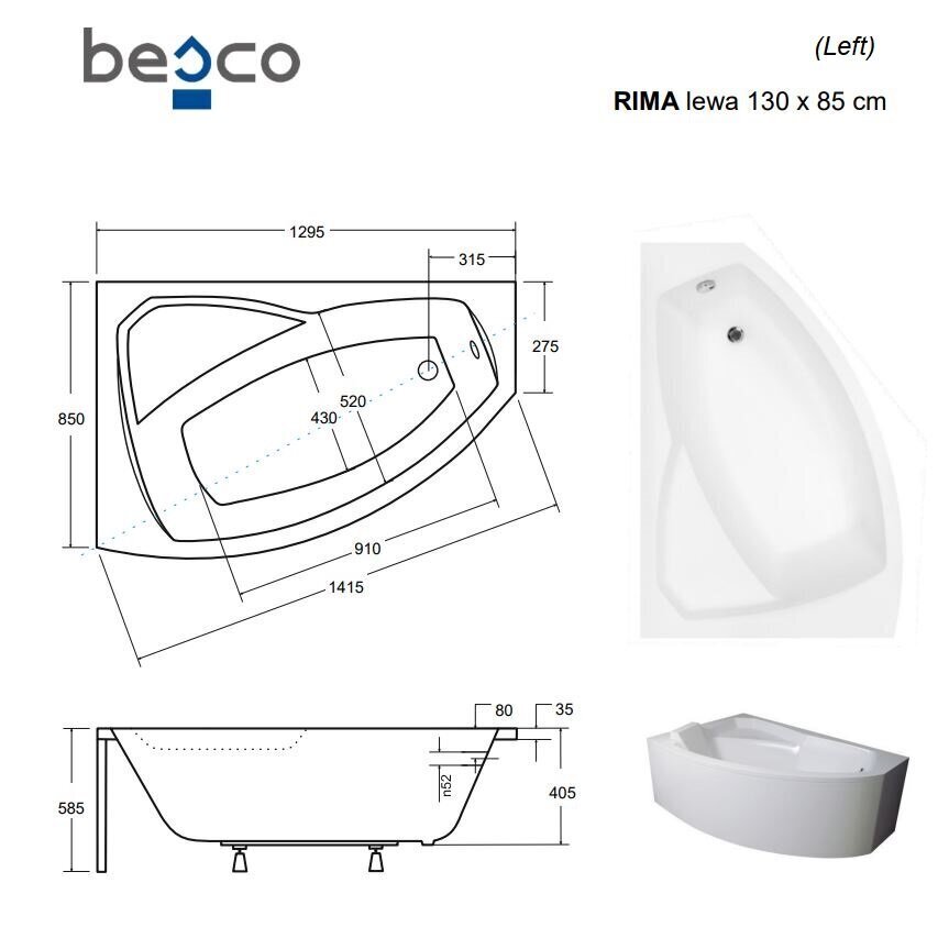 Vann Besco Rima koos viimistlusega, 130x85 cm, vasakpoolne цена и информация | Vannid | hansapost.ee