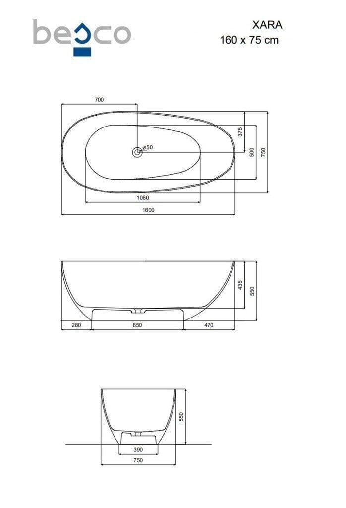 Vann Besco Xara Carbon Grey, 160x75 cm цена и информация | Vannid | hansapost.ee