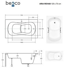 Vann Besco Aria Rehab kaunistusega, 120x70 cm hind ja info | Vannid | hansapost.ee