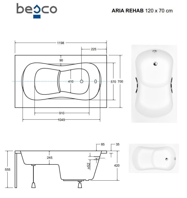 Vann Besco Aria Rehab kaunistusega, 120x70 cm hind ja info | Vannid | hansapost.ee