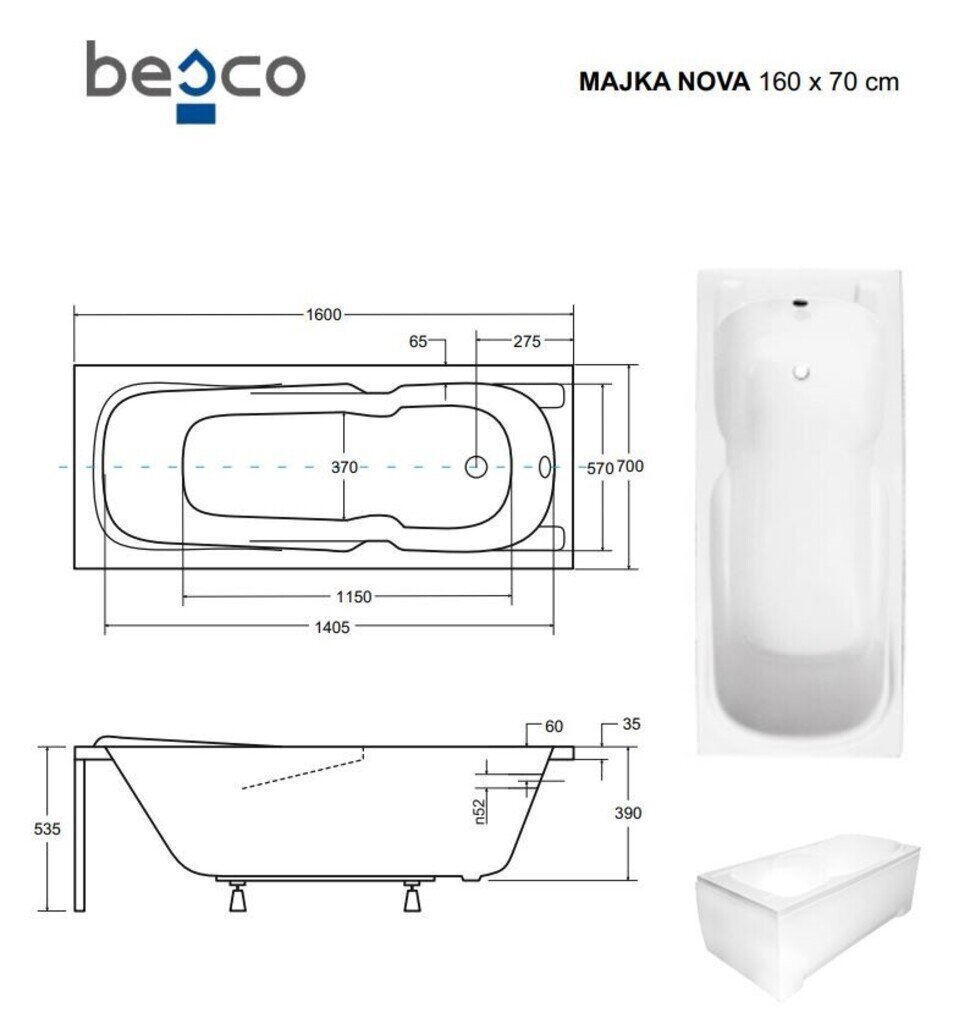 Vann Besco Majka Nova, 160x70 cm hind ja info | Vannid | hansapost.ee