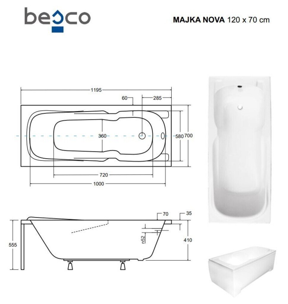 Vann Besco Majka Nova viimistlusega, 120x70 cm hind ja info | Vannid | hansapost.ee