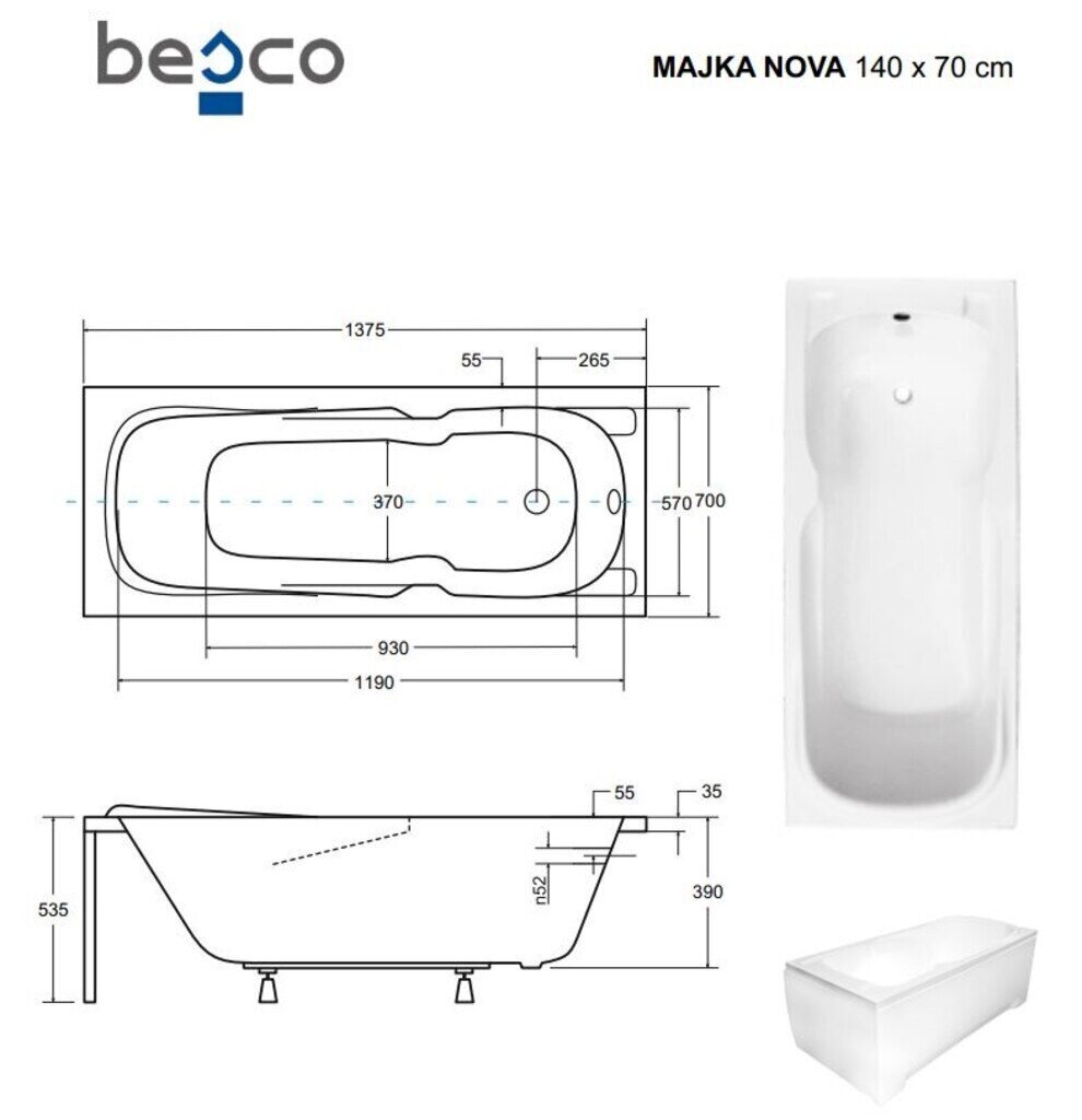 Vann Besco Majka Nova viimistlusega, 140x70 cm цена и информация | Vannid | hansapost.ee